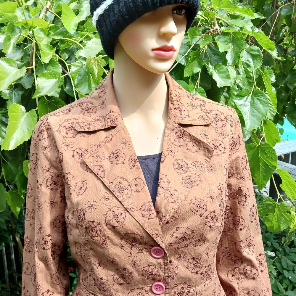DKNY JEANS Light Brown Cotton Eyelet Notched Lapel Cropped Jacket Like N… - Picture 8 of 15
